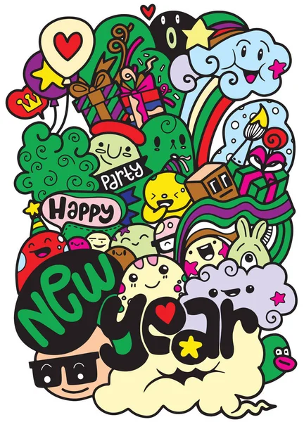 矢量线艺术涂鸦怪兽的对象和符号在新年快乐的主题, 矢量插图的涂鸦可爱的怪物背景, 手绘涂鸦 — 图库矢量图片