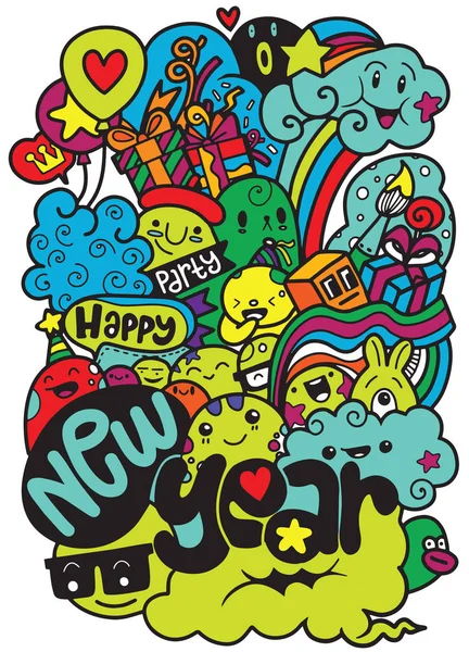 Vector line art Doodle monster set of objects and symbols on the Happy New Year theme, Vector illustration of Doodle cute Monster background, Hand drawing Doodle — стоковый вектор