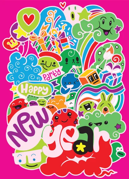 Vector line art Doodle monster set of objects and symbols on the Happy New Year theme, Vector illustration of Doodle cute Monster background, Hand drawing Doodle — стоковый вектор