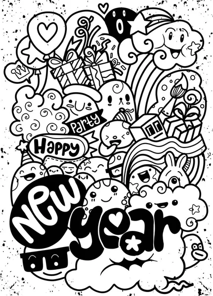 Vector line art Doodle monster set of objects and symbols on the Happy New Year theme, Vector illustration of Doodle cute Monster background, Hand drawing Doodle — стоковый вектор