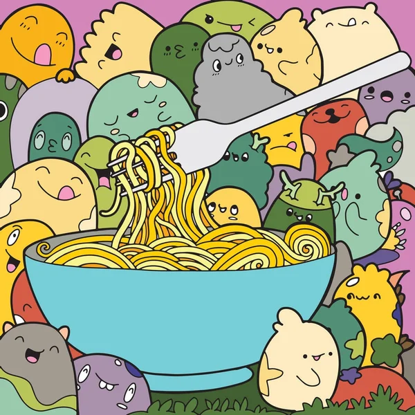 Vectorillustratie van Noodle in Doodle stijl met schattige Monster — Stockvector