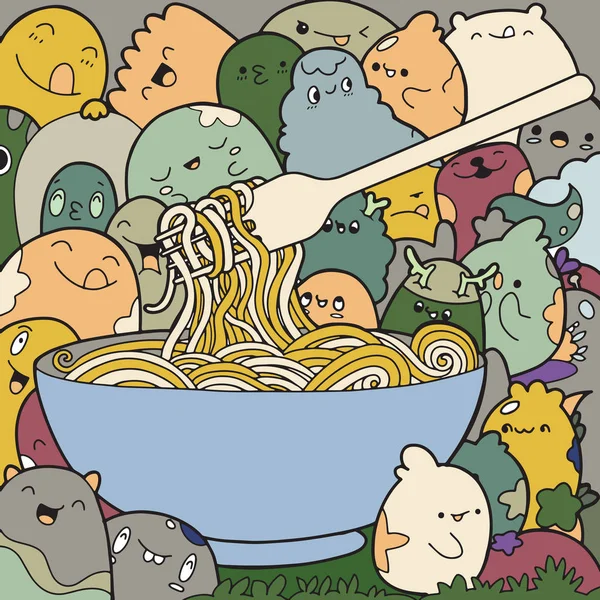 Vectorillustratie van Noodle in Doodle stijl met schattige Monster — Stockvector