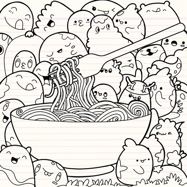 Ilustracja wektorowa z makaronem w stylu Doodle z cute Monster — Wektor stockowy