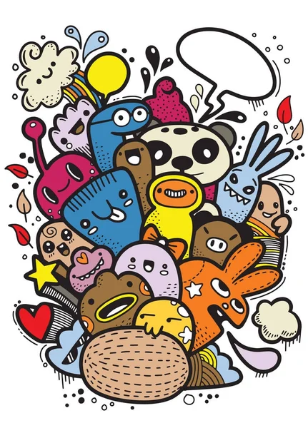 Csípő kézzel rajzolt őrült doodle Monster csoport, rajz stílus. — Stock Vector
