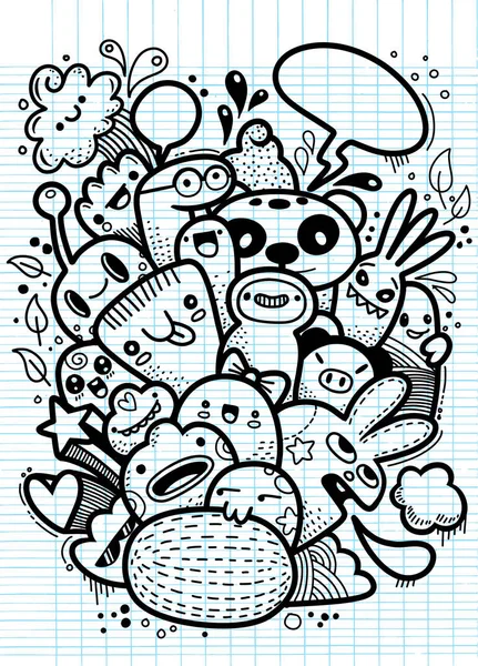 Gek van hipster Hand getrokken doodle monstergroep, tekening stijl. Vect — Stockvector