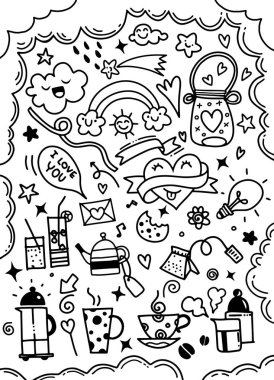 Gıda, simge, çekilmiş, el, vektör, arka plan, hızlı, mutfak, kek