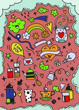 Gıda, simge, çekilmiş, el, vektör, arka plan, hızlı, mutfak, kek