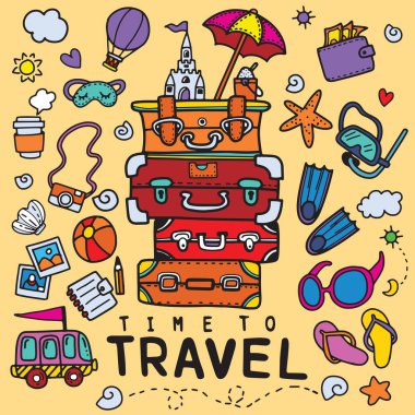 Elle çizilmiş seyahat doodle ayarlayın. Vektör çizim. Turizm ve yaz eskiz unsurları seyahat: çanta, balon, fin, güneş gözlüğü, kamera, kokteyl, Bilet.