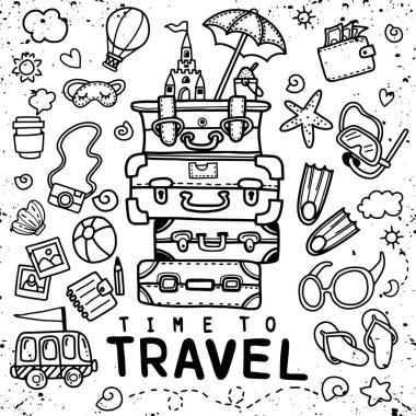 Elle çizilmiş seyahat doodle ayarlayın. Vektör çizim. Turizm ve yaz eskiz unsurları seyahat: çanta, balon, fin, güneş gözlüğü, kamera, kokteyl, Bilet.