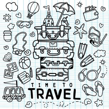 Elle çizilmiş seyahat doodle ayarlayın. Vektör çizim. Turizm ve yaz eskiz unsurları seyahat: çanta, balon, fin, güneş gözlüğü, kamera, kokteyl, Bilet.