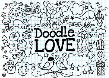 sevimli çizgi film vektör el Doodle aşk resimde çekilmiş. Satır ar