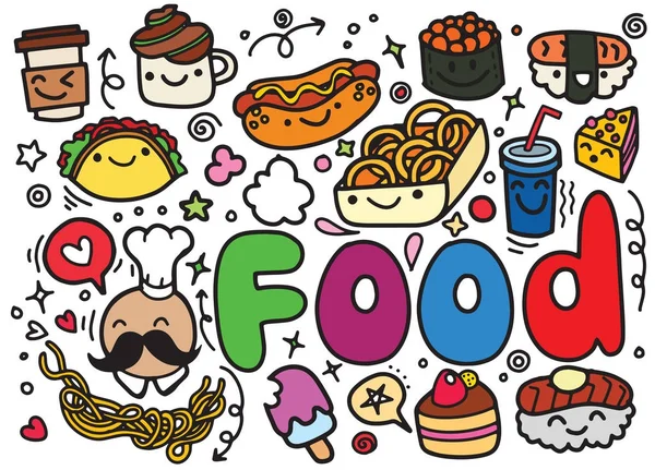 Potraviny čmáranice ručně kreslenou vektorové útržkovité symboly a objekty — Stockový vektor