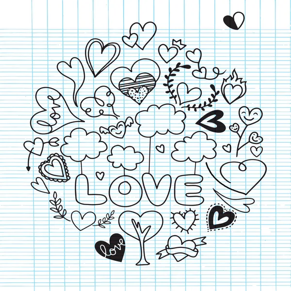 Día San Valentín Tema Doodle Conjunto Símbolos Románticos Tradicionales Formas — Vector de stock