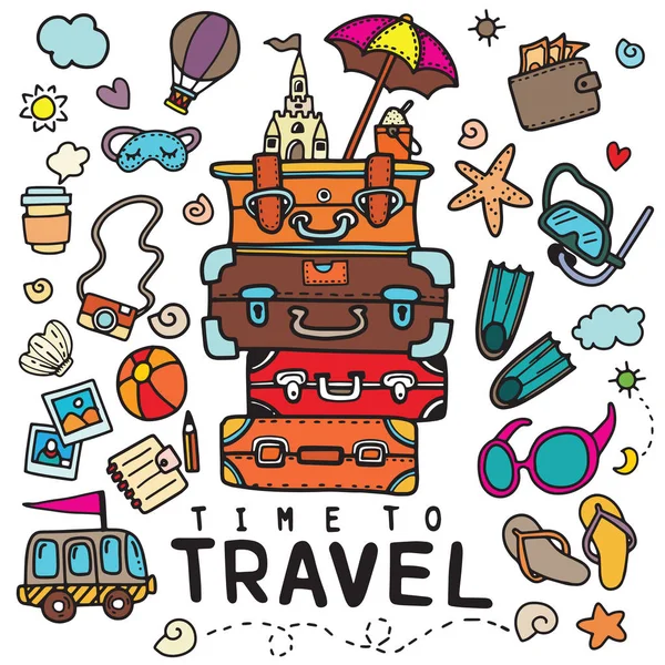 Állítsa Kézzel Rajzolt Utazási Doodle Vektoros Illusztráció Turizmus Nyári Vázlat — Stock Vector