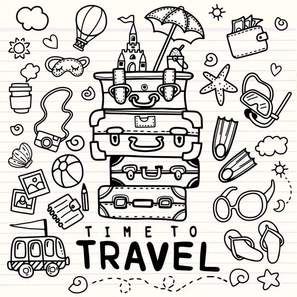 Set Hand Drawn Travel Doodle Vector Illustration Tourism Summer Sketch — Stock Vector