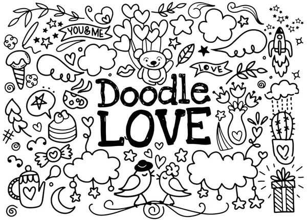 Cartoon vector cute tangan ditarik Doodle Love ilustrasi. Baris ar - Stok Vektor