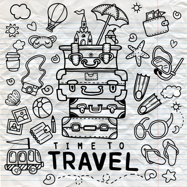 Elle Çizilmiş Seyahat Doodle Ayarlayın Vektör Çizim Turizm Yaz Eskiz — Stok Vektör