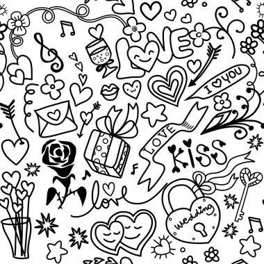 Sevgililer günü Tema doodle küme. Geleneksel romantik sembolleri: kalp şekilleri, aşk tanrısı, oklar, hediye kutusu, tatlılar, güvercinler, kuğu, aşk anahtar, vazo, aşk mektupları. Serbest çizim vektör çizim.