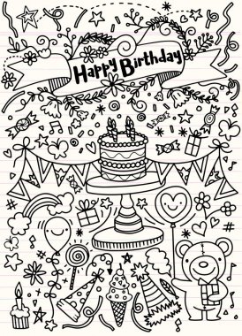 Birthday party doodles and love confession signs. Isolated vecto clipart