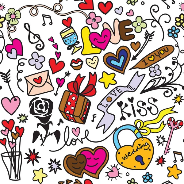 Día San Valentín Tema Doodle Conjunto Símbolos Románticos Tradicionales Formas — Vector de stock