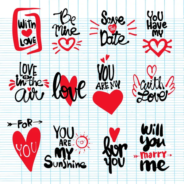 Conjunto de amor dibujado a mano comillas en vector. Mensajes de amor — Vector de stock