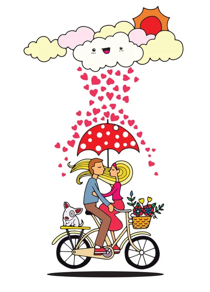 Conceito romântico. Casal apaixonado sob guarda-chuva na bicicleta. Bonito. — Vetor de Stock