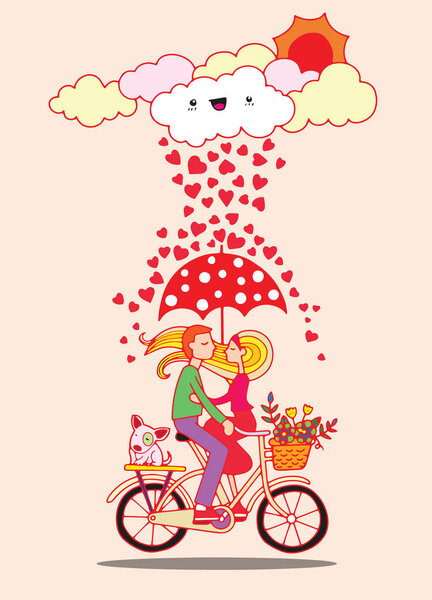 Romantic concept. Couple in love under umbrella on bicycle. Cute