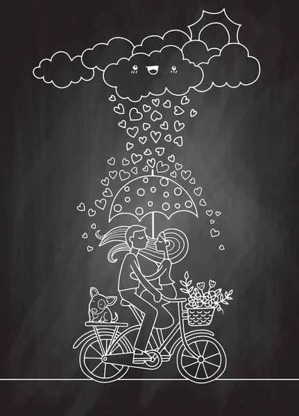 Concept romantique. Couple amoureux sous parapluie à vélo. Mignon — Image vectorielle