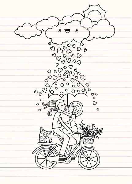 Concepto romántico. Pareja enamorada bajo paraguas en bicicleta. Lindo. — Vector de stock