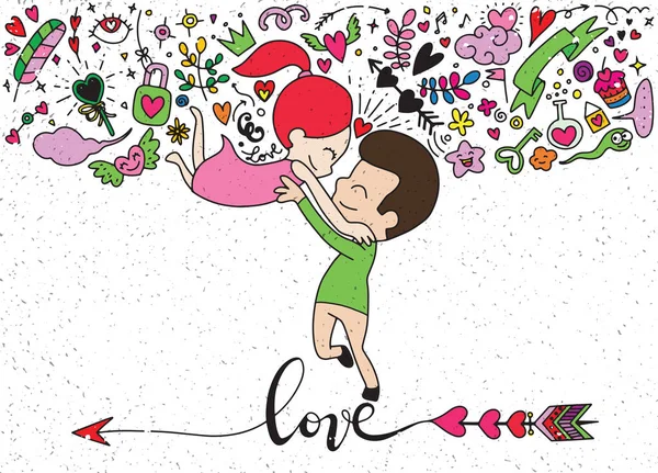 Love theme with happy couple hugging and encircling their lovers — Stock Vector
