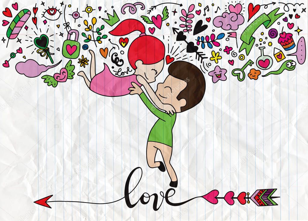 Love theme with happy couple hugging and encircling their lovers