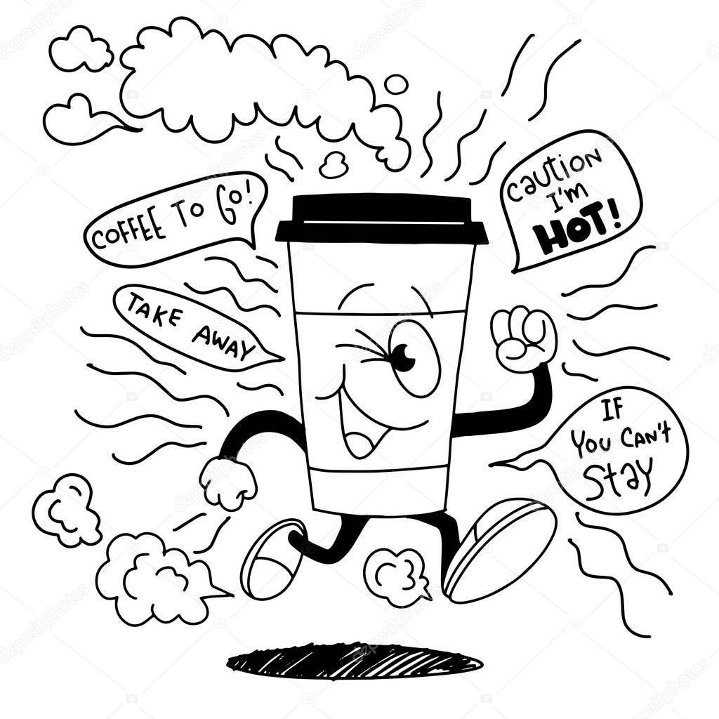 Vector illustration of smile takeaway coffee cup running.