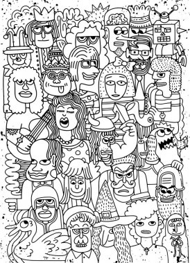 Vektör çizim Karikatür yüzler kalabalık doodle çizilmiş desen, Doodle stili