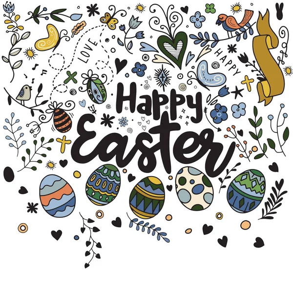 Doodle Paskalya. için dekoratif yumurta ve öğeleri: tavşan, kuş, o — Stok Vektör