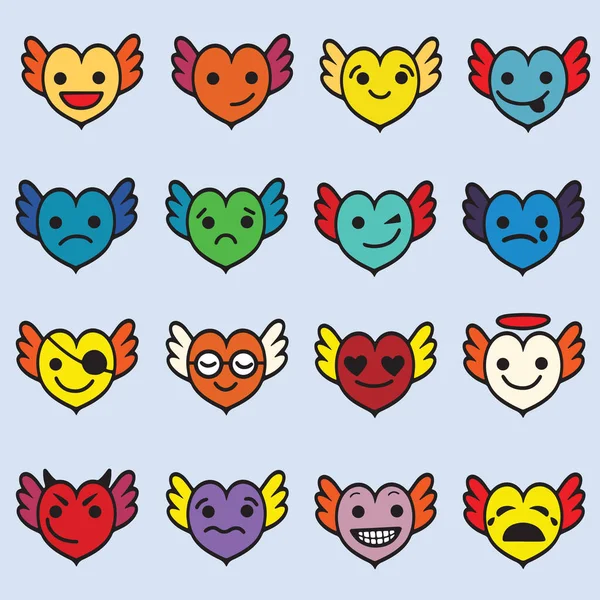 Schattig emoji hart gezichten met vleugels clip art set — Stockvector
