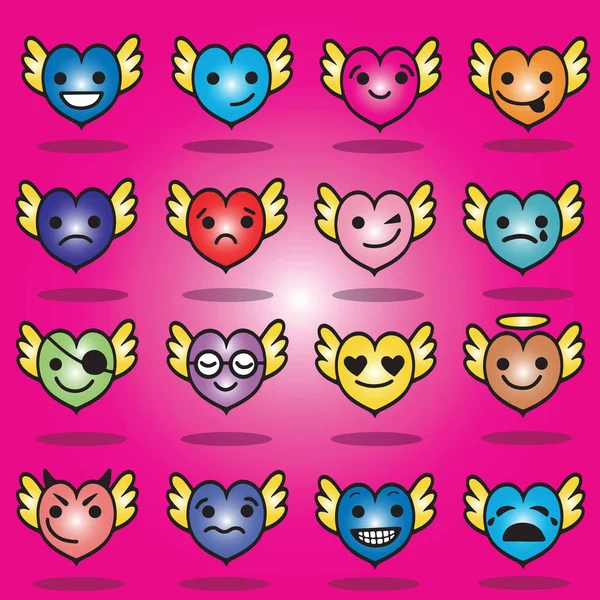 Rostos bonitos coração emoji com asas clip art set — Vetor de Stock