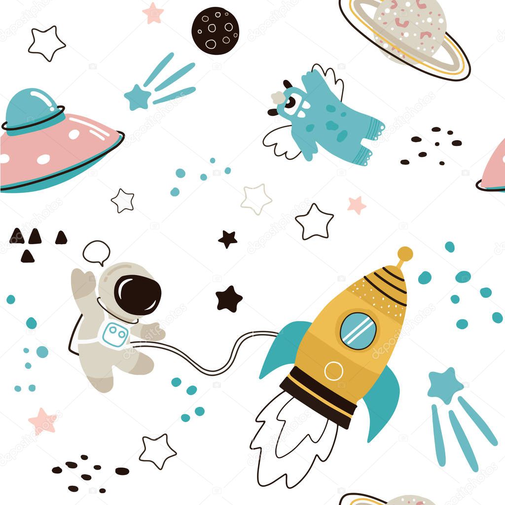 Childish seamless pattern with hand drawn space elements space, 