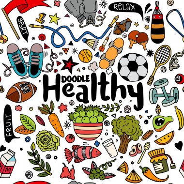 Sağlıklı yaşam konsepti, elle çizilmiş vektör çizim seti 