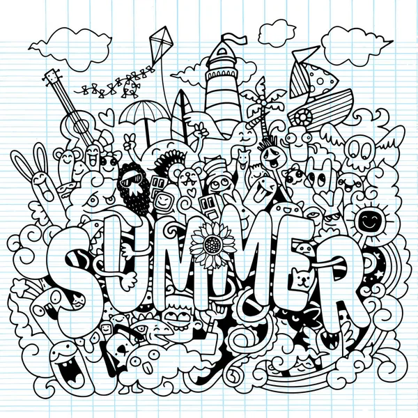 Hand drawn vector illustration set of summer doodles elements. — Stock Vector