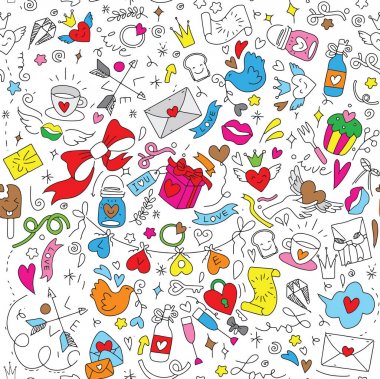 Sevgililer günü aşk ve kalpleri Doodles tasarım öğeleri Sketchbook vektör çizim, Dikişsiz desen kaplı üzerinde