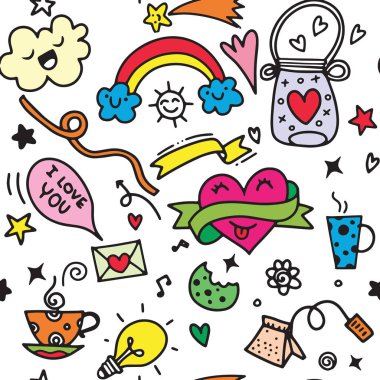 Sevgililer günü aşk ve kalpleri Doodles tasarım öğeleri Sketchbook vektör çizim, Dikişsiz desen kaplı üzerinde