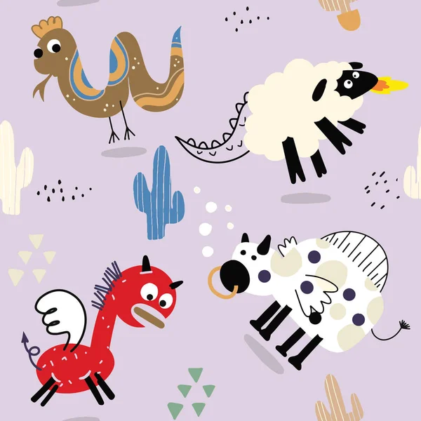 Kindlich Nahtloses Muster Mit Handgezeichneten Niedlichen Tieren Skandinavischen Stil Kreativer — Stockvektor