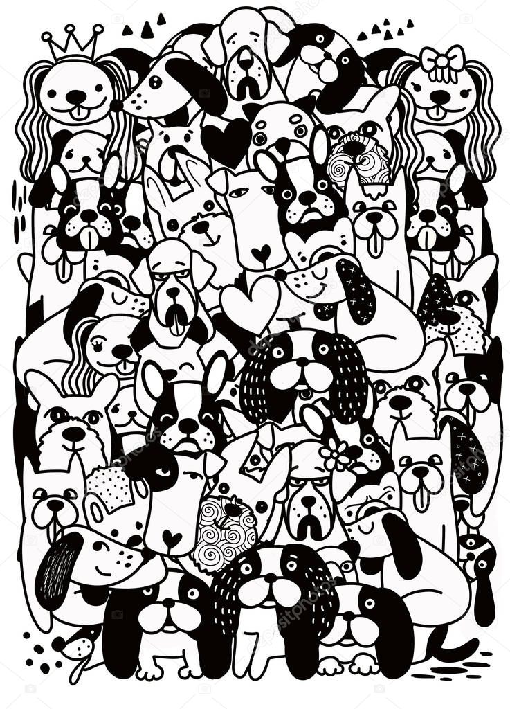 Hand Drawn Vector Illustration of Doodle Cute funny cartoon dogs , puppy pet characters different breads doggy illustration. Furry human friends home animals