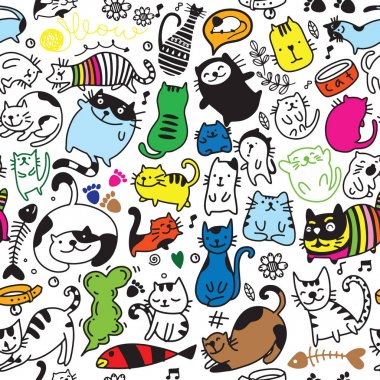 Vektör seamless modeli el ile dokulu kediler grafikte çizmek 