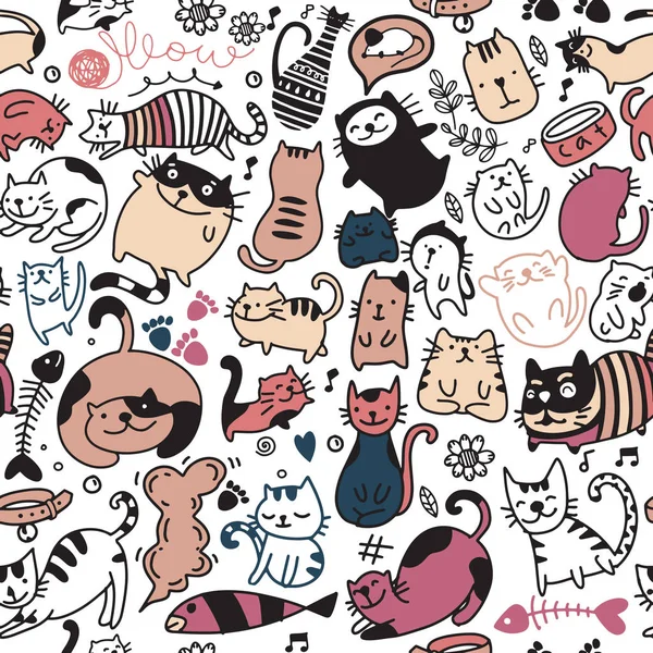 Vektor Nahtloses Muster Mit Handgezeichneten Texturierten Katzen Grafischen Doodle Stil — Stockvektor