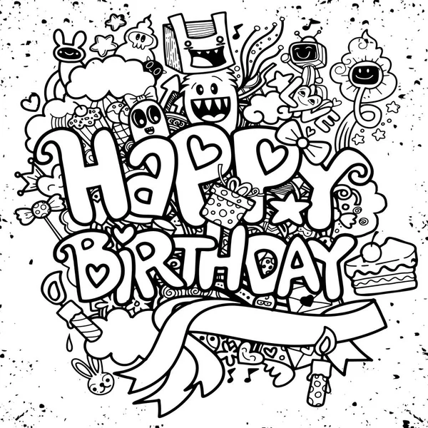 Birthday Party Hand Drawn Doodles Elements Background Handwritten Lettering Happy — Stock Vector