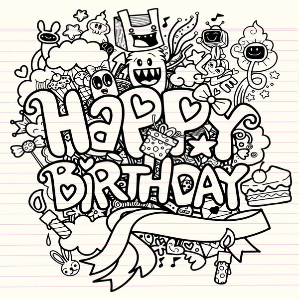 Birthday Party Hand Drawn Doodles Elements Background Handwritten Lettering Happy — Stock Vector
