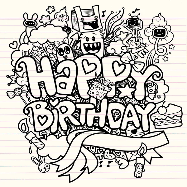 Fiesta Cumpleaños Dibujado Mano Doodles Elementos Fondo Letras Manuscritas Feliz — Vector de stock