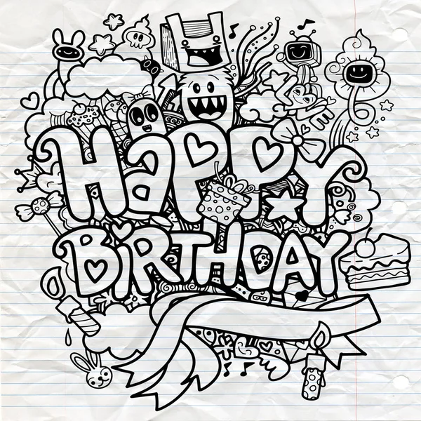 Birthday Party Hand Drawn Doodles Elements Background Handwritten Lettering Happy — Stock Vector