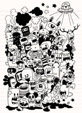 Vektör çizim Doodle sevimli canavar arka plan, el çizmek